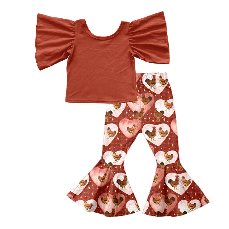 Baby Girls Flutter Sleeve Top Valentines Chicken Bell Pants Clothes Preorder(moq 5)