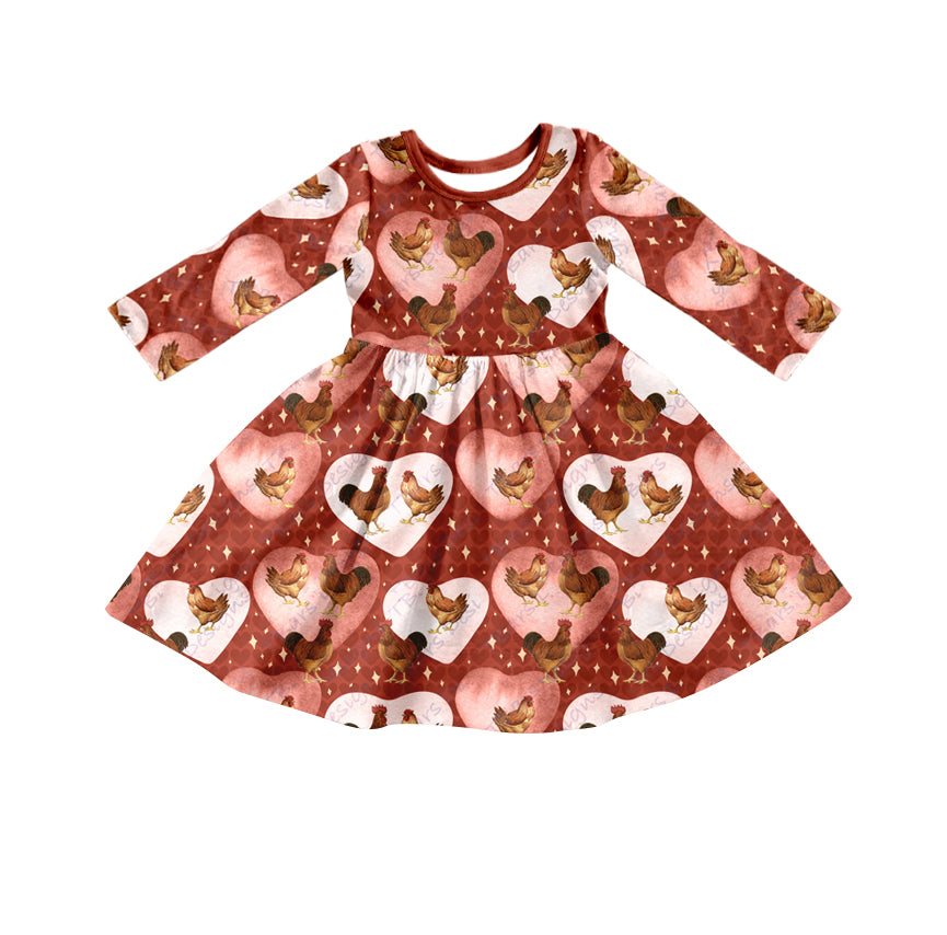 Baby Girls Valentines Chicken Long Sleeve Knee Length Dresses preorder(moq 5)