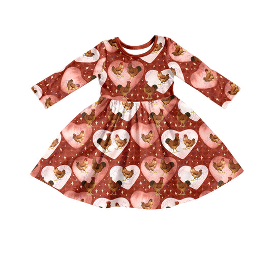 Baby Girls Valentines Chicken Long Sleeve Knee Length Dresses preorder(moq 5)