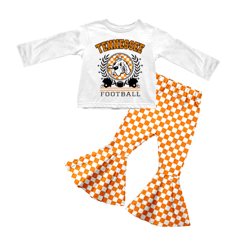 Baby Girls Football Orange Tee Top Checkered Pants Clothes Sets preorder(moq 5)