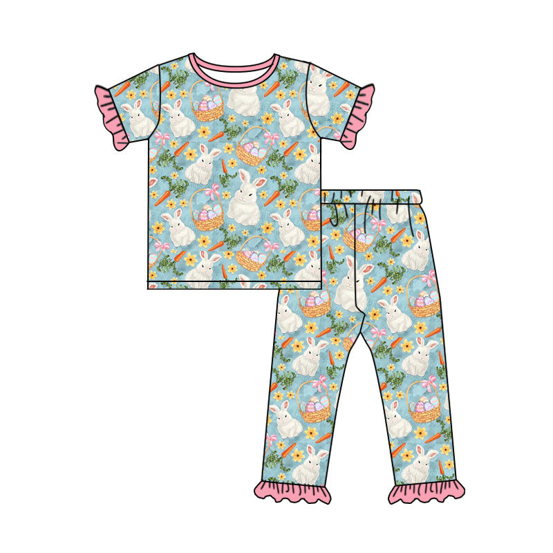 Baby Girls Easter Flowers Rabbit Ruffle Shirt Pants Pajamas Clothing Sets Preorder(moq 5)