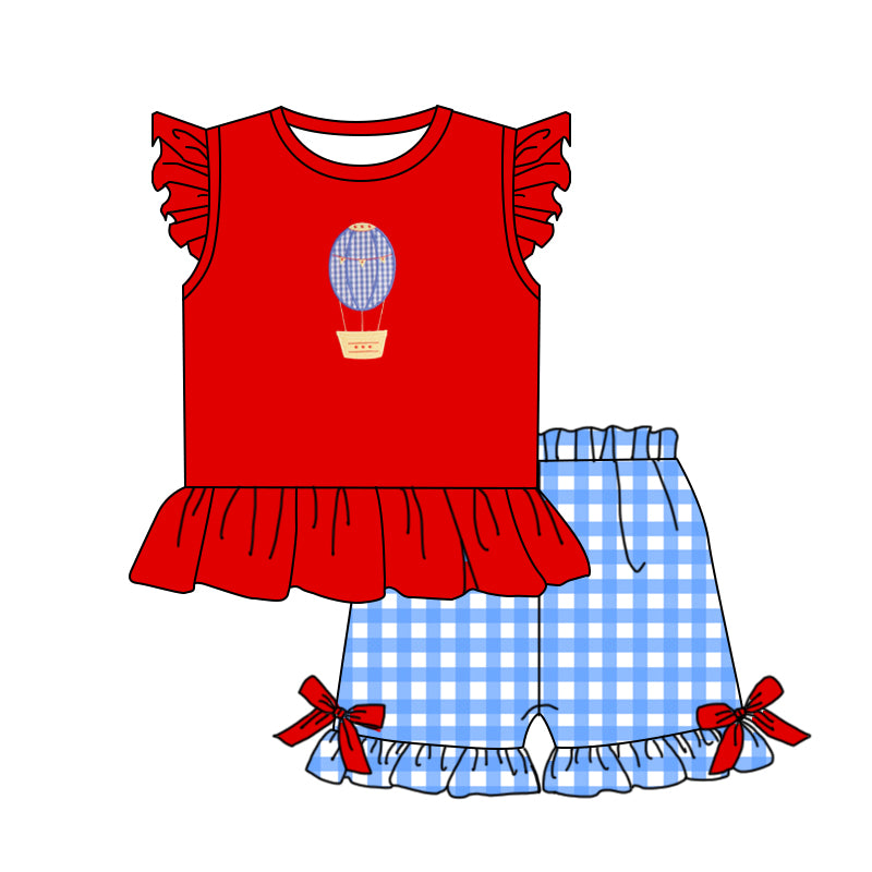 Baby Girls Red Balloon Tee Shirts Blue Checkered Ruffle Shorts Clothes Sets Preorder(moq 5)