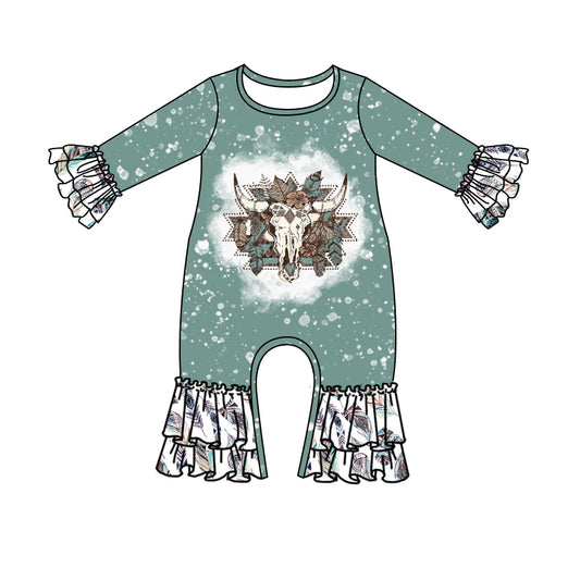 Baby Girls Western Cow Skull Feather Long Sleeve Rompers preorder(moq 5)