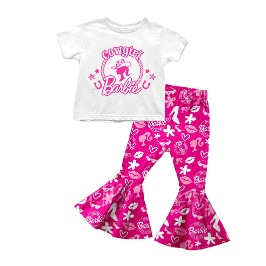Baby Girls Cowgirl Western Doll Short Sleeve Tee Bell Bottom Pants Clothes Sets preorder(moq 5)