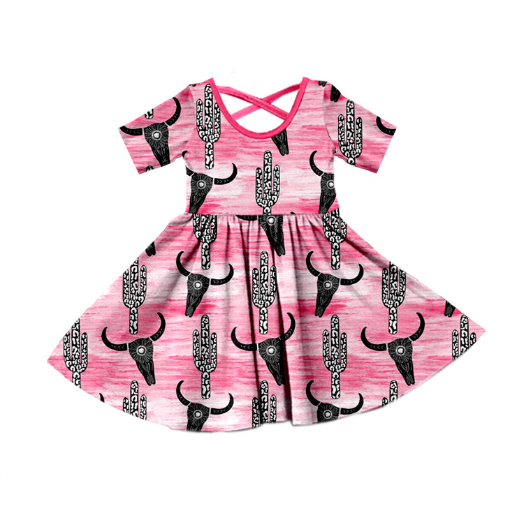 Baby Girls Pink Black Cow Cactus Short Sleeve Knee Length Dresses preorder(moq 5)