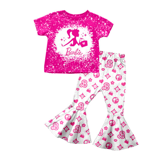 Baby Girls Doll Short Sleeve Pink Tee Bell Bottom Pants Clothes Sets preorder(moq 5)