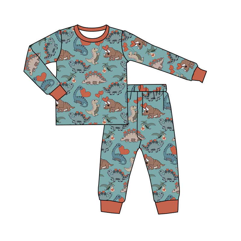 Baby Boys Blue Valentines Dinosaur Top Tee Shirt Pants Pajamas Clothes Sets preorder(moq 5)