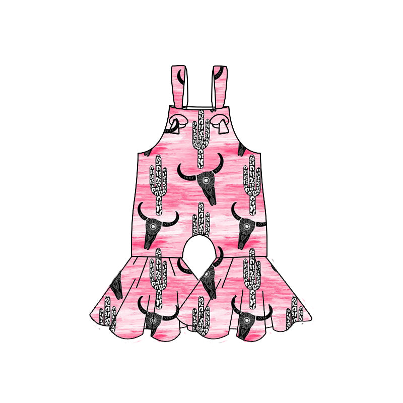 Baby Girls Pink Black Cow Cactus Straps Ruffle Jumpsuits preorder(moq 5)