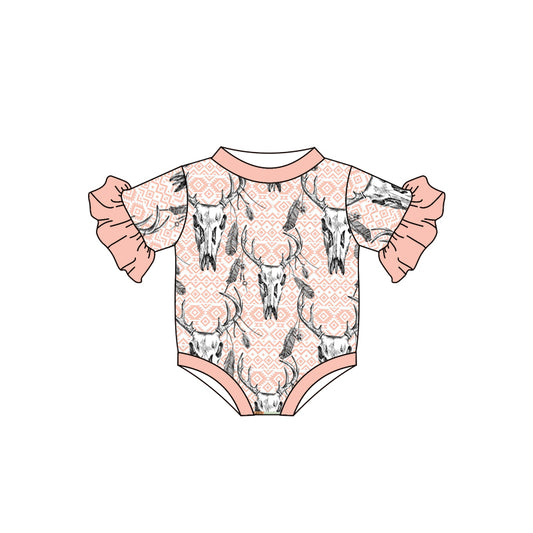 Baby Girls Western Pink Aztec Cow Skull Rompers preorder(moq 5)