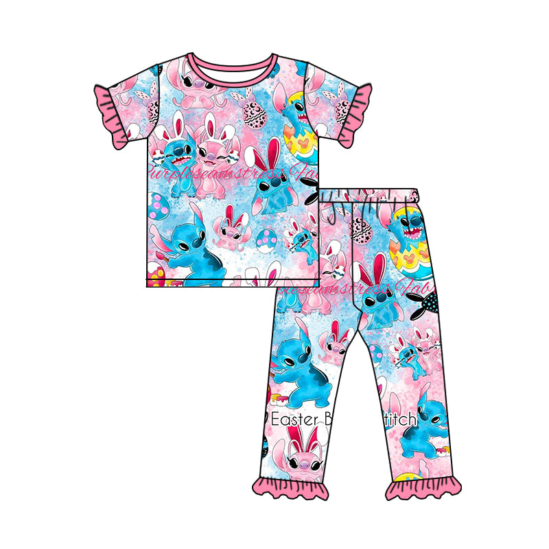 Baby Girls Easter Rabbit Cartoon Short Sleeve Tee Shirt Ruffle Pants Pajamas Sets Preorder(moq 5)