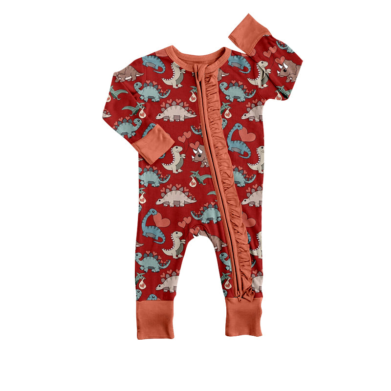 Baby Girls Dinosaur Long Sleeve Valentines Zip Rompers preorder(moq 5)