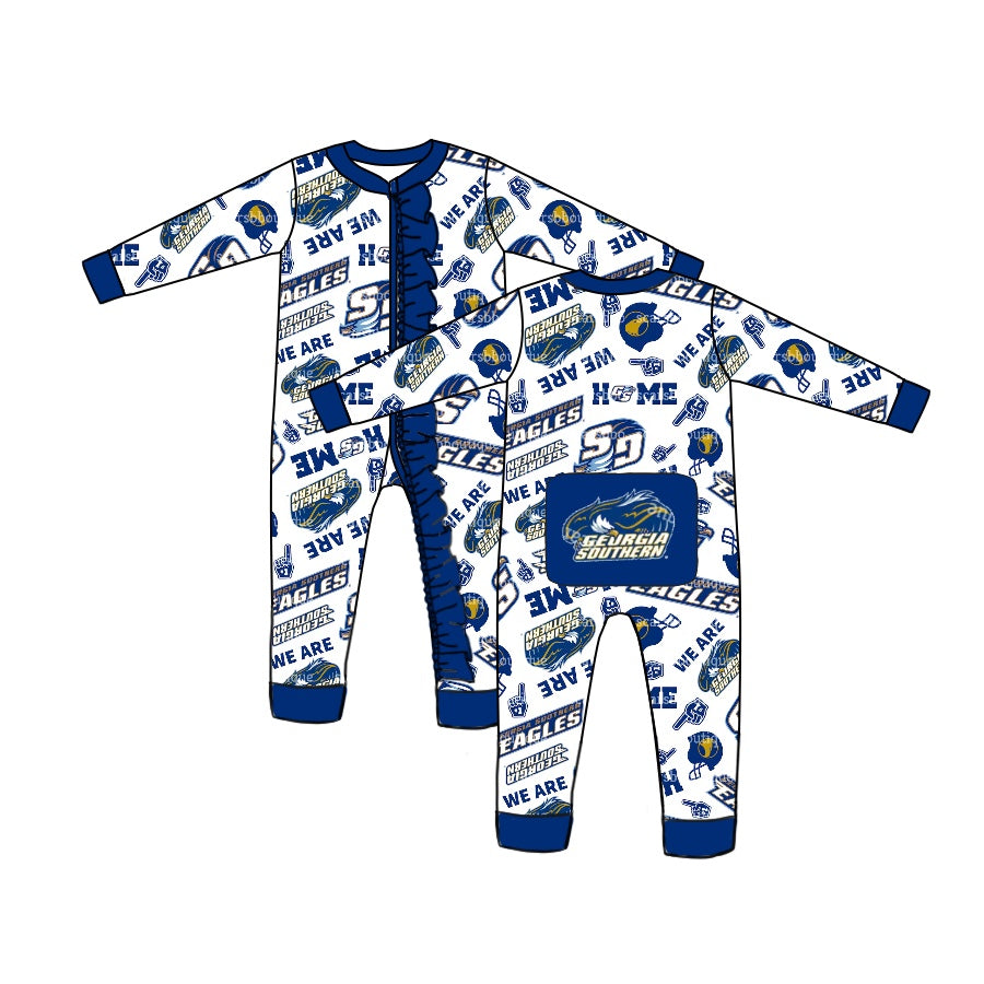 Baby Infant Girls Football Blue Team Ruffle Zip Long Sleeve Rompers preorder(moq 5)