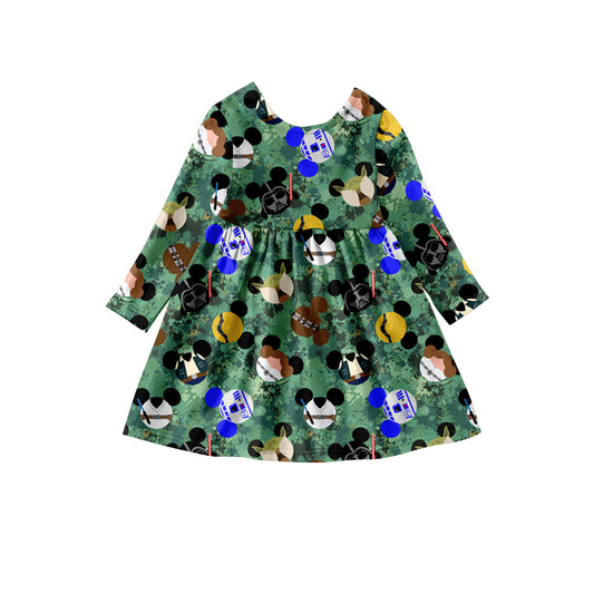 Baby Girls Green Cartoon Long Sleeve A-Line Dresses preorder(moq 5)