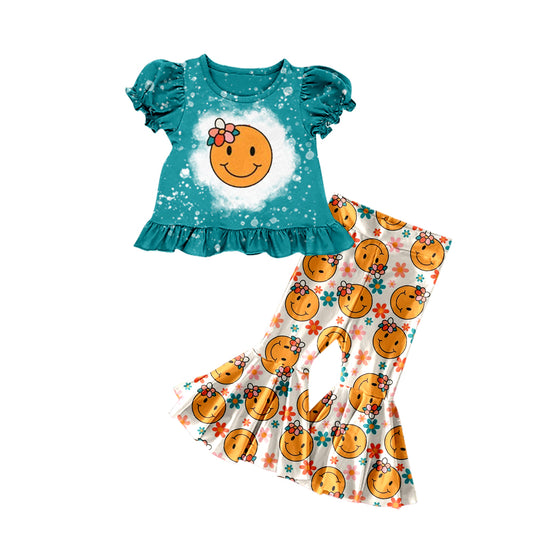 Baby Girls Smile Flower Short Sleeve Tee Shirt Bell Pants Sets Preorder(moq 5)