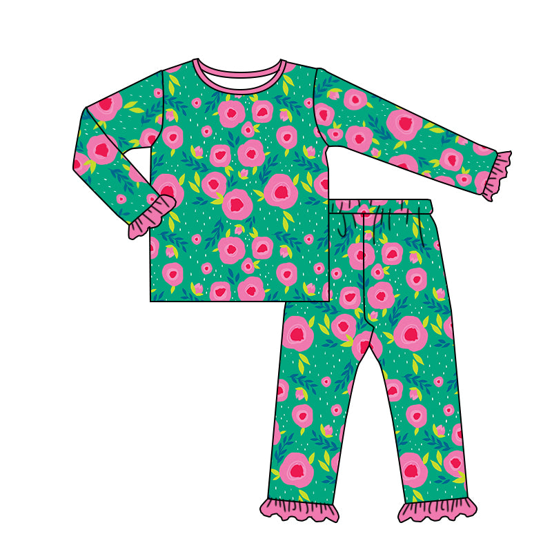 Baby Girls Green Floral Long Sleeve Shirt Pants Pajamas Sets preorder(moq 5)