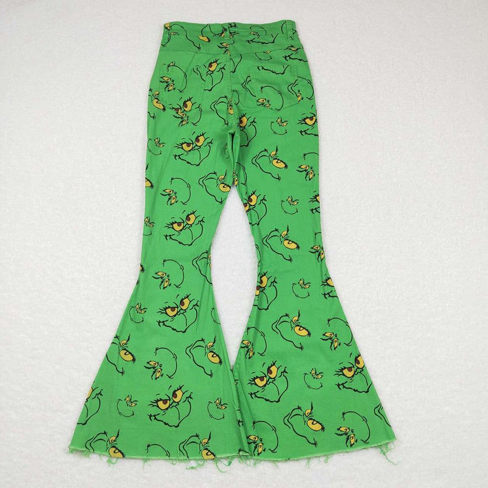 Mommy and Me Adult Baby Girls Christmas Green Frog Face Denim Bell Pants Jeans