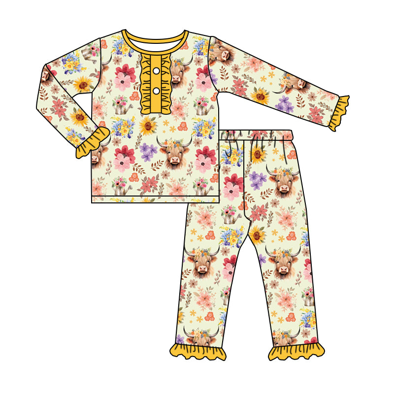 Baby Girls Highland Cow Flowers Wetern Jammies Pajamas Sets preorder(moq 5)