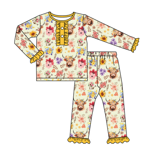 Baby Girls Highland Cow Flowers Wetern Jammies Pajamas Sets preorder(moq 5)