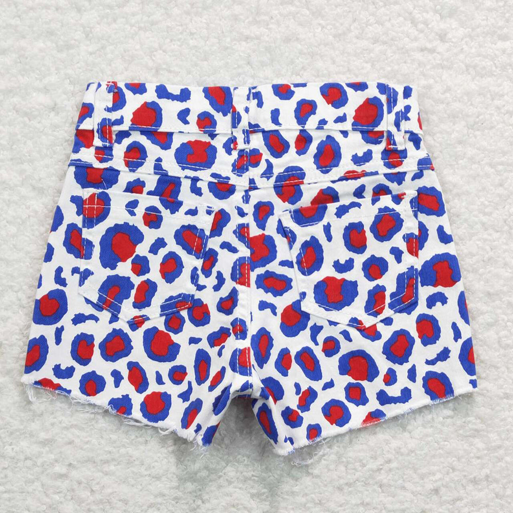 Baby Girls 4th Of July Red Blue Leopard Denim Shorts