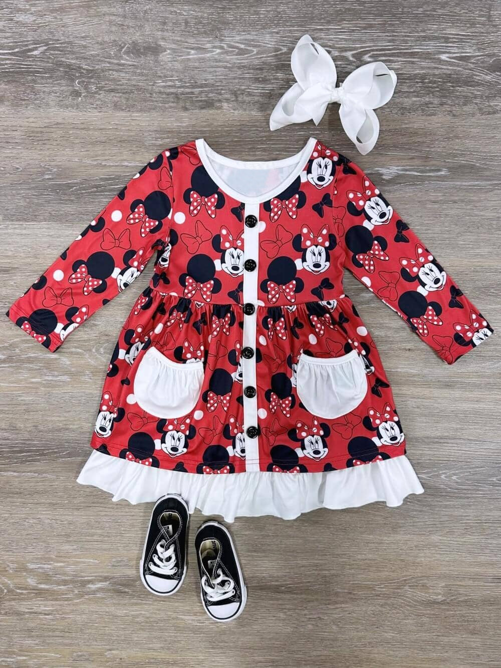 Baby Girls Red Cartoon Mouse Pocket Ruffle Dresses preorder(moq 5)