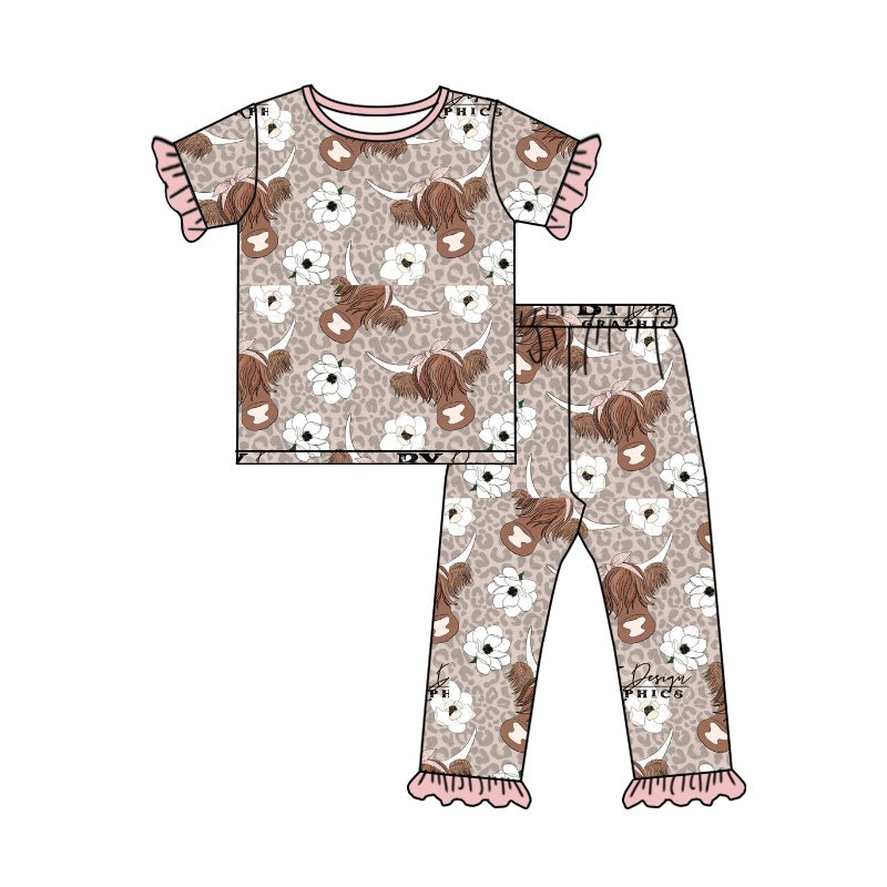 Baby Girls Western Grey Leopard Highland Cow Tee Shirt Ruffle Pants Jammies Pajamas Sets Preorder(moq 5)