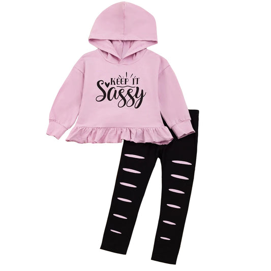 Baby Girls Keep It Sassy Hooded Top Distressed Legging Pants Boutique Clothes Sets preorder(moq 5)