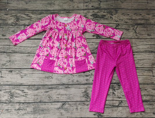 Baby Girls Pink Flowers Pockets Tunic Legging Boutique Clothes Sets