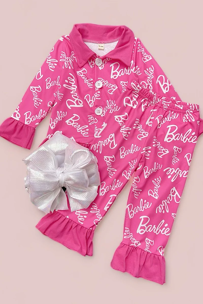 Baby Girls Valentines Pink Doll Words Buttons Tops Pants Pajamas preorder(moq 5)