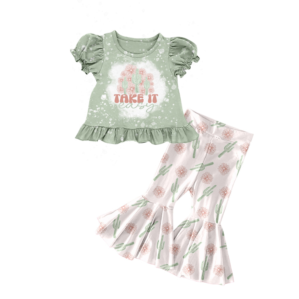 Baby Girls Take It Easy Tee Shirts Western Cactus Flare Pants Clothes Sets Preorder(moq 5)