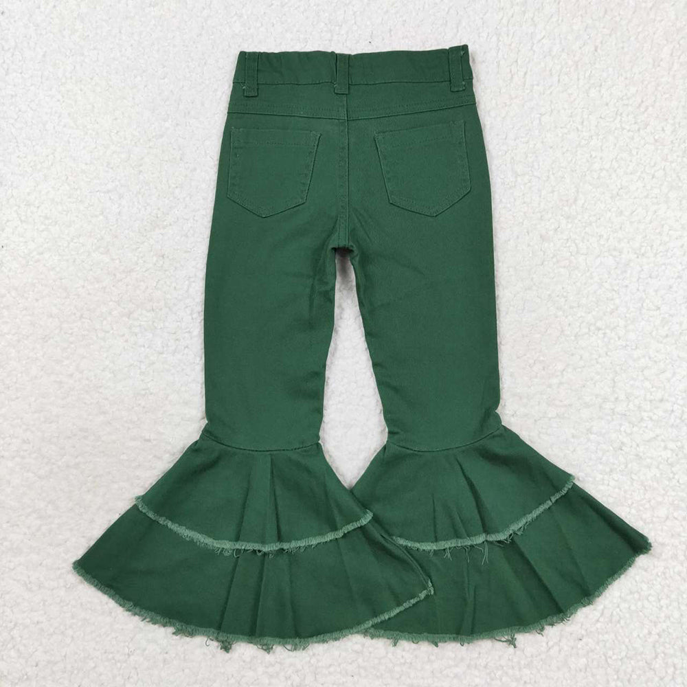 Baby Girls Double Ruffle Green Denim Bell Pants