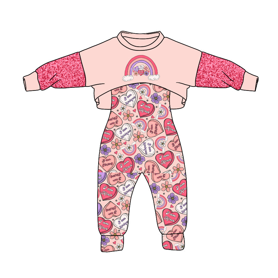 Baby Girls Valentines Hearts Rainbow Top Jumpsuits Pants 2pcs Clothes Sets Preorder(moq 5)