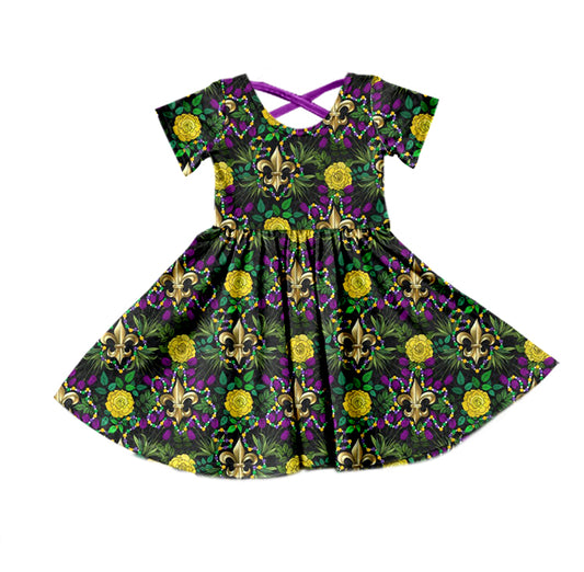 Baby Girls Short Sleeve Mardi Gras Knee Length Dresses Preorder(moq 5)