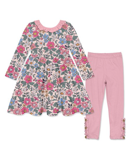 Baby Girls Pink Flowers Ruffle Tunic Top Legging Pants Clothing Sets preorder(moq 5)