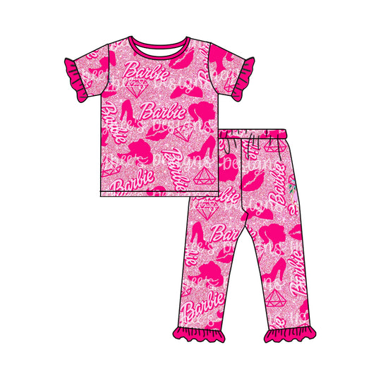 Baby Girls Pink Doll Short Sleeve Tee Shirt Pants Pajamas Sets Preorder(moq 5)