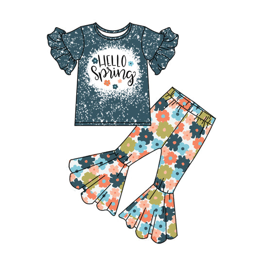 Baby Girls Hello Spring Shirts Top Flare Bell Pants Clothes Sets Preorder(moq 5)