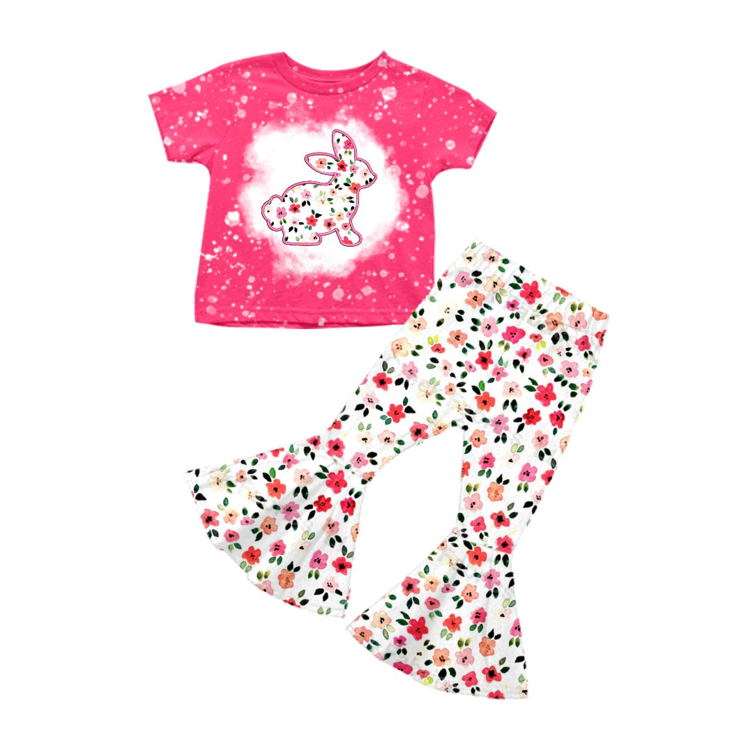 Baby Girls Pink Rabbits Flowers Easter Shirt Flare Pants Clothes Sets Preorder(moq 5)