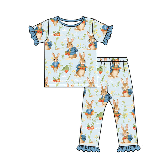 Baby Girls Easter Rabbit Ruffle Shirt Pants Pajamas Clothing Sets Preorder(moq 5)