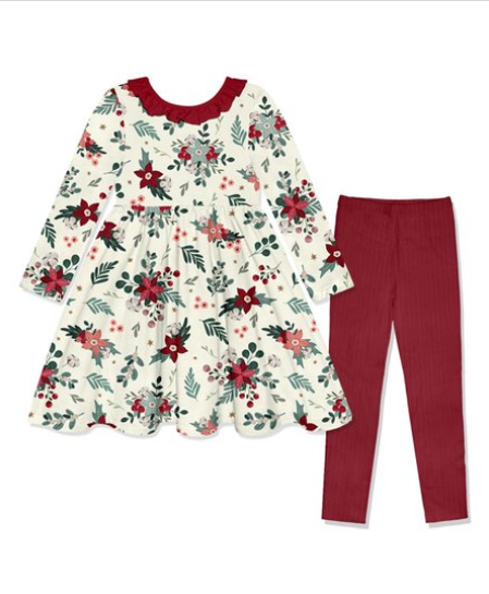 Baby Girls Wine Flowers Ruffle Tunic Top Legging Pants Clothing Sets preorder(moq 5)