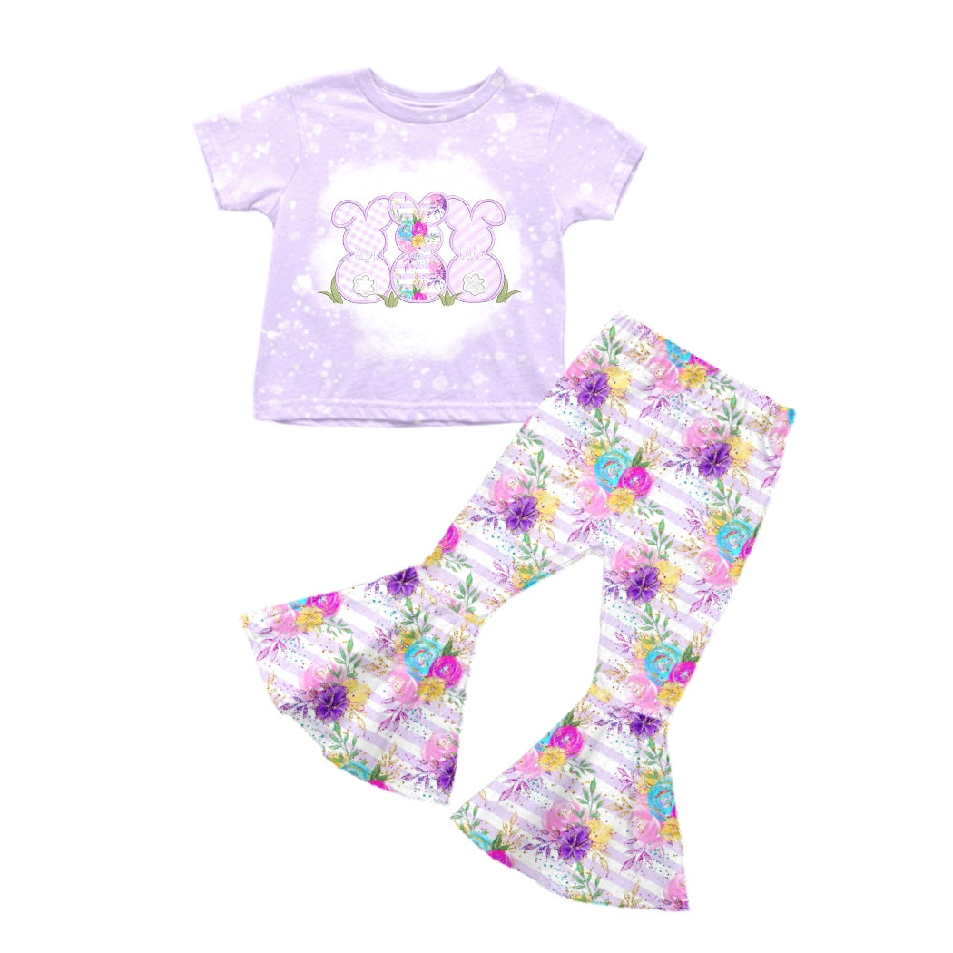 Baby Girls Purple Rabbits Flowers Easter Shirt Flare Pants Clothes Sets Preorder(moq 5)