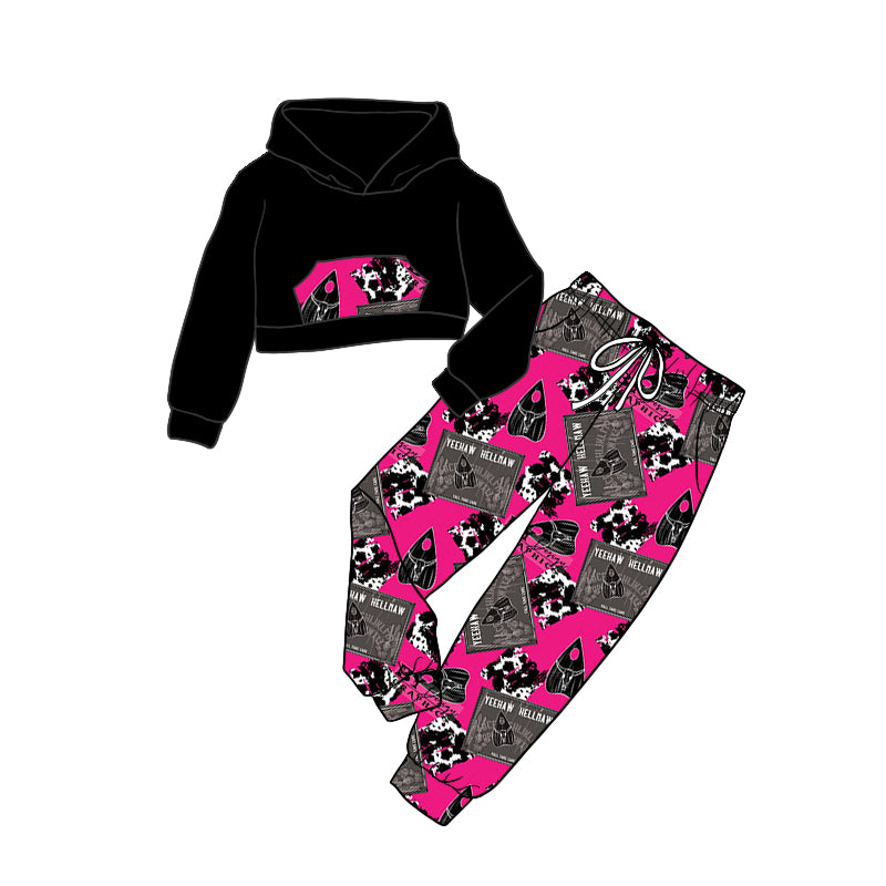 Baby Girls Hooded Black Western Top Pants Clothes Sets preorder(moq 5)