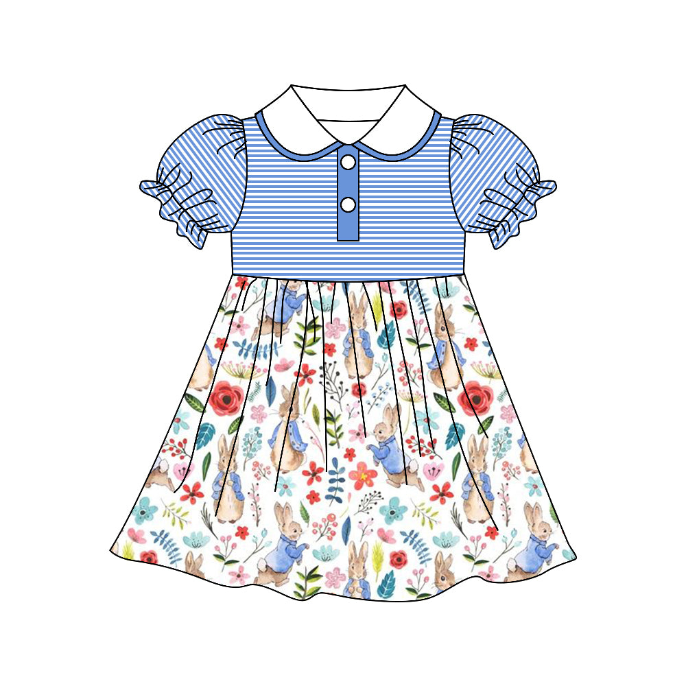 Baby Girls Blue Stripes Rabbit Flowers Short Sleeve Knee Length Dresses preorder(moq 5)