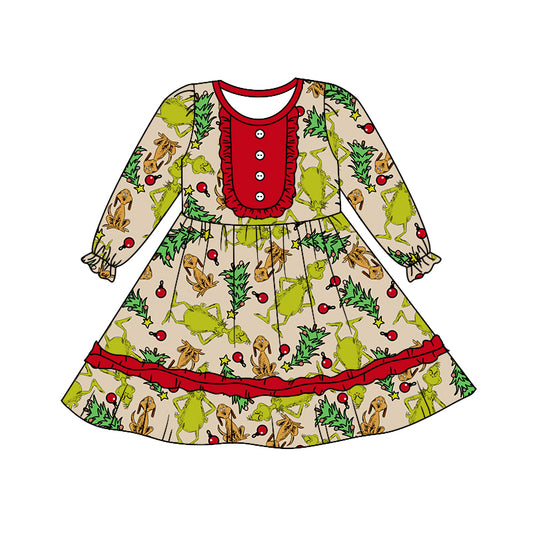 Baby Girls Green Frog Long Sleeve Ruffle Dresses preorder(moq 5)