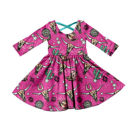 Baby Girls Western Cow Skull Back Cross Twirl Dresses preorder(moq 5)