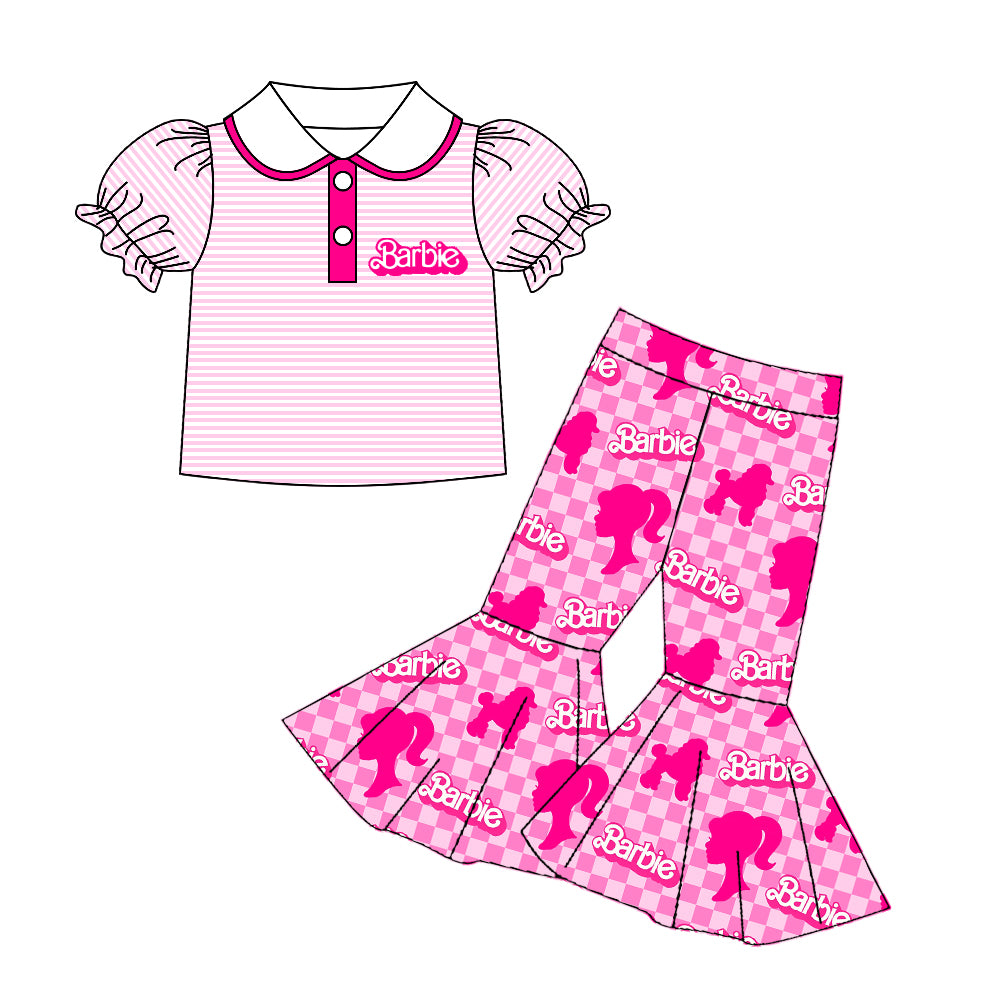 Baby Girls Pink Doll Tee Shirt Top Bell Bottom Pants Clothes Sets preorder(moq 5)