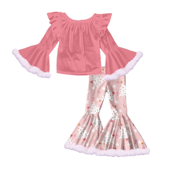 Baby Girls Velvet Pink Top Christmas Tree Pants Clothes Sets preorder(moq 5)