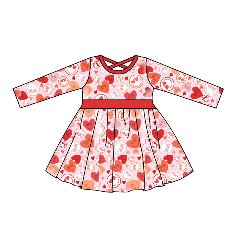 Baby Girls Long Sleeve Valentines Hearts Belts Knee Length Dresses Preorder(moq 5)