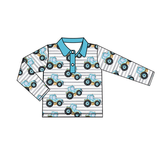 Baby Boys Blue Stripes Tractors Long Sleeve Buttons Shirt Tops Preorder(moq 5)