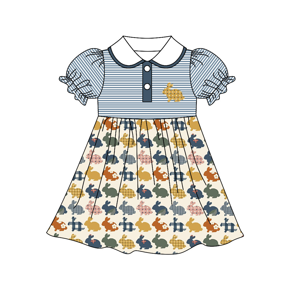 Baby Girls Blue Stripes Rabbit Short Sleeve Knee Length Dresses preorder(moq 5)