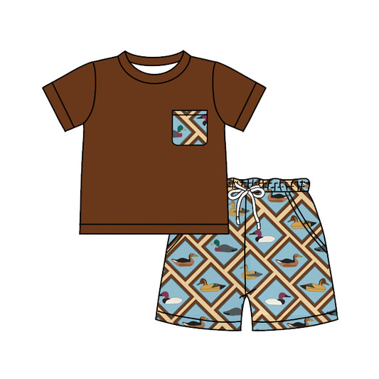 Baby Girls Brown Pocket Shirts Aztec Duck Shorts Clothes Sets preorder(moq 5)