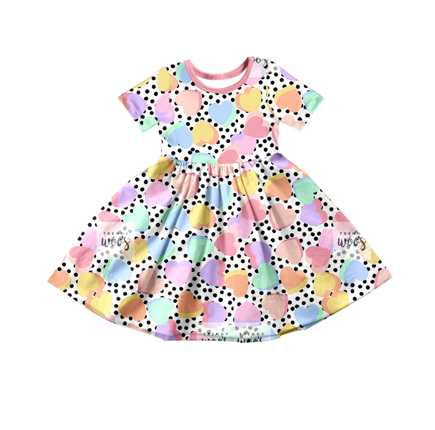 Baby Girls Valentines Colorful Hearts Short Sleeve Knee Length Dresses Preorder(moq 5)